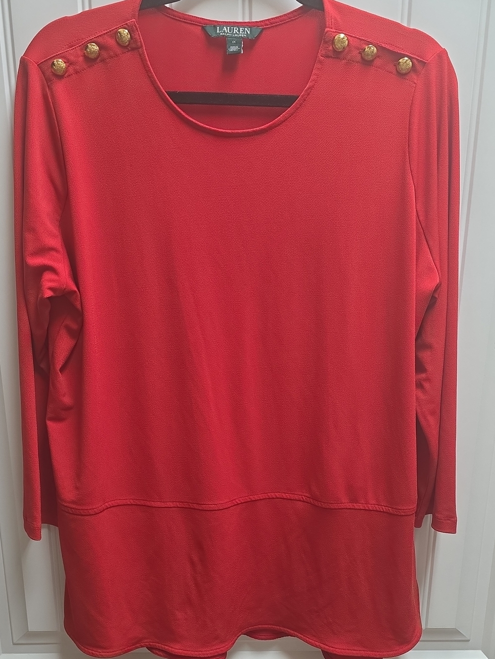 Lauren Ralph Lauren Red Long Sleeve Top with Gold Shoulder Buttons 1X